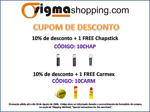 10% de desconto + FREE Chapstick ou FREE Carmex no SigmaShopping