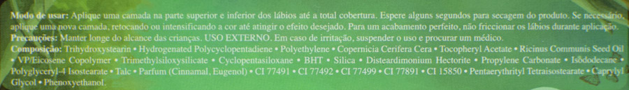 Ingredientes dos batons Elfa e Ninfa da Coleção Bosque das Fadas em versão líquida